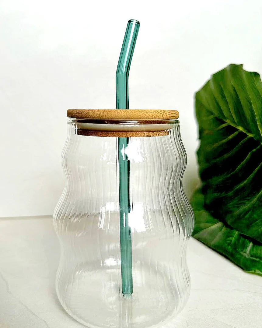 Ribbed Wavy Glass Cup with Glass Straw and Lid