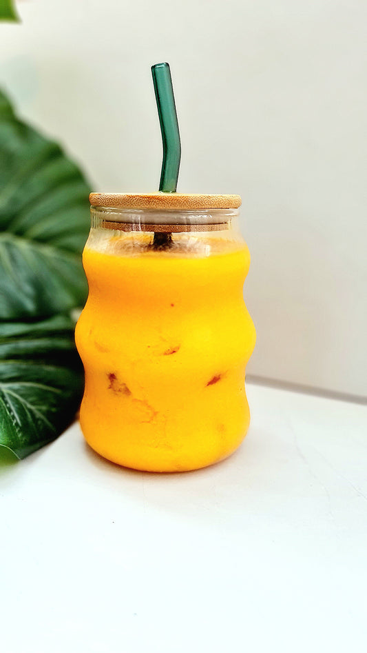 Ribbed Wavy Glass Cup with Glass Straw and Lid
