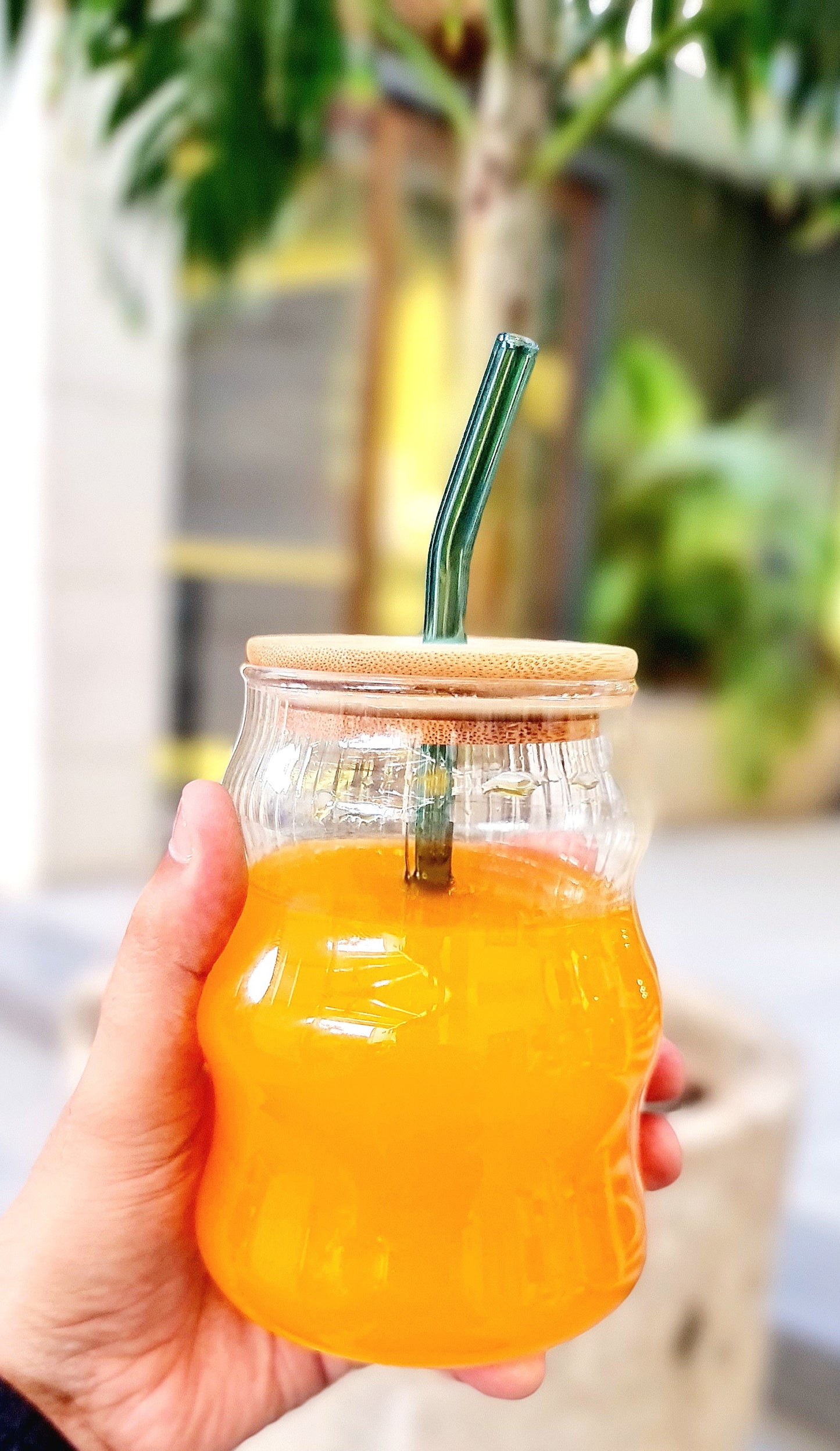 Ribbed Wavy Glass Cup with Glass Straw and Lid