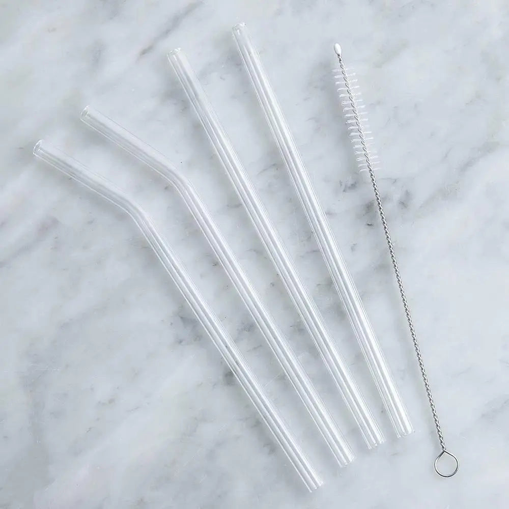 Glass Straw With Cleaning Brush - Pack of 5 (2 Bent straw + 2 Straight Straw and 1 Cleaning Brush)