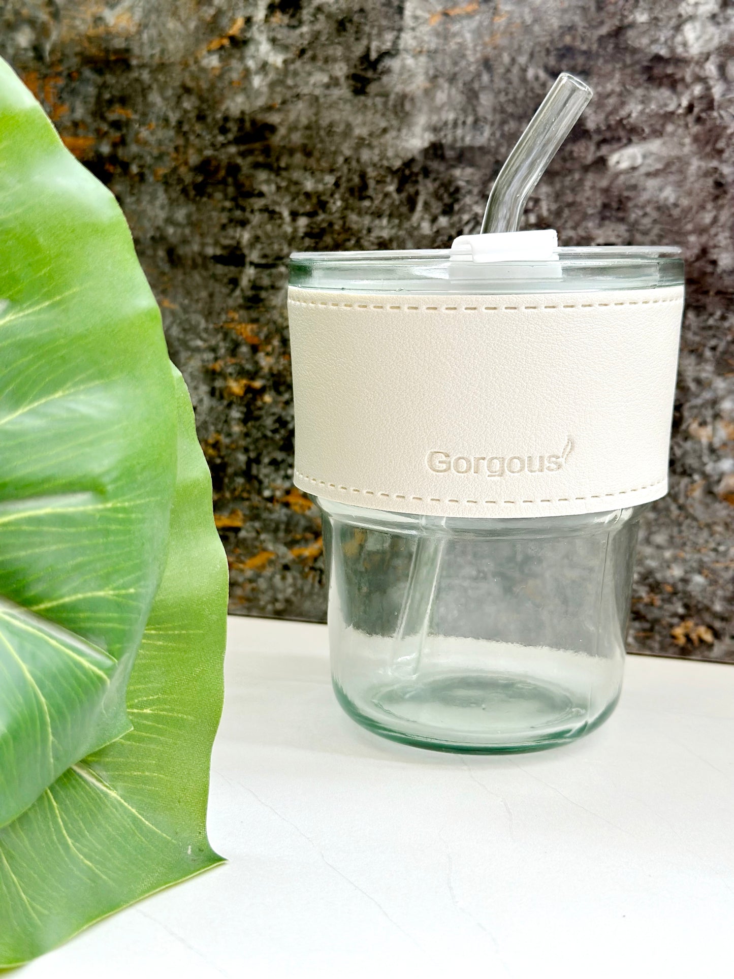 Aurora Glass Cup - Gorgeous clear with White Removable Leather Sleeve and Glass Straw