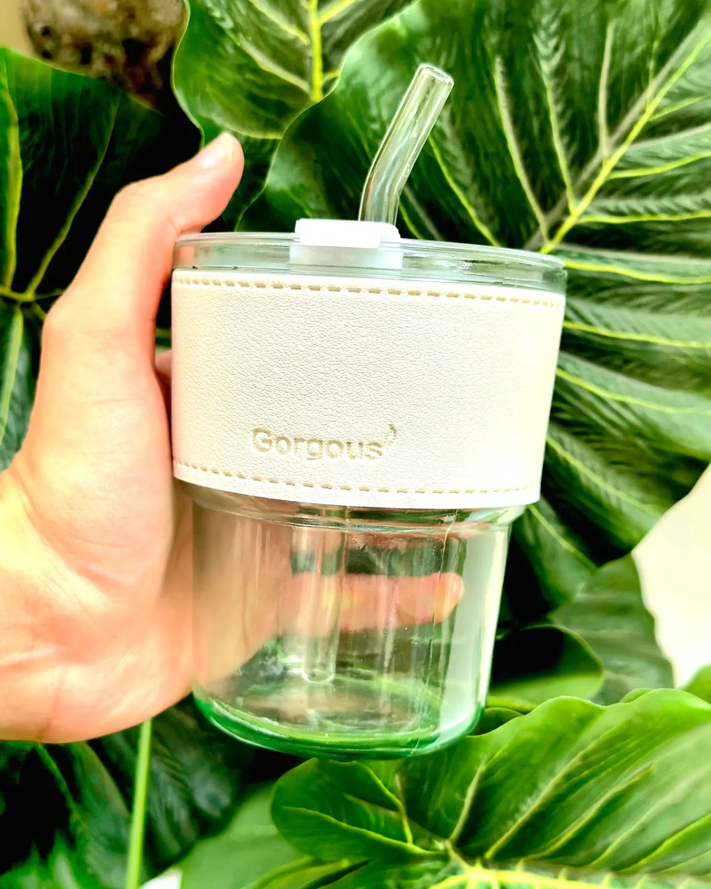 Aurora Glass Cup - Gorgeous clear with White Removable Leather Sleeve and Glass Straw