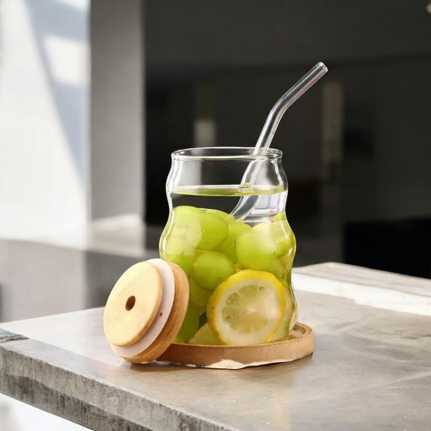 Ripple Glass Cup with Bamboo Lid and Glass Straw
