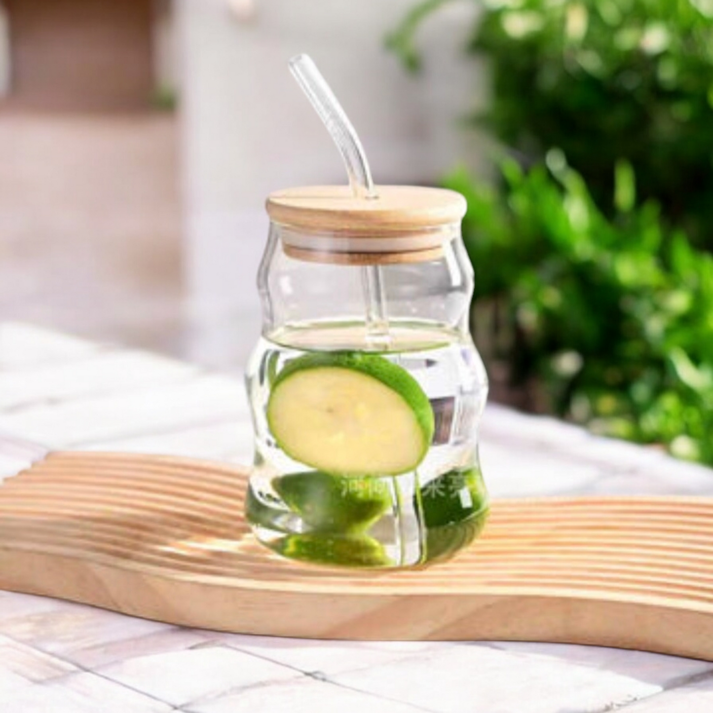 Ripple Glass Cup with Bamboo Lid and Glass Straw