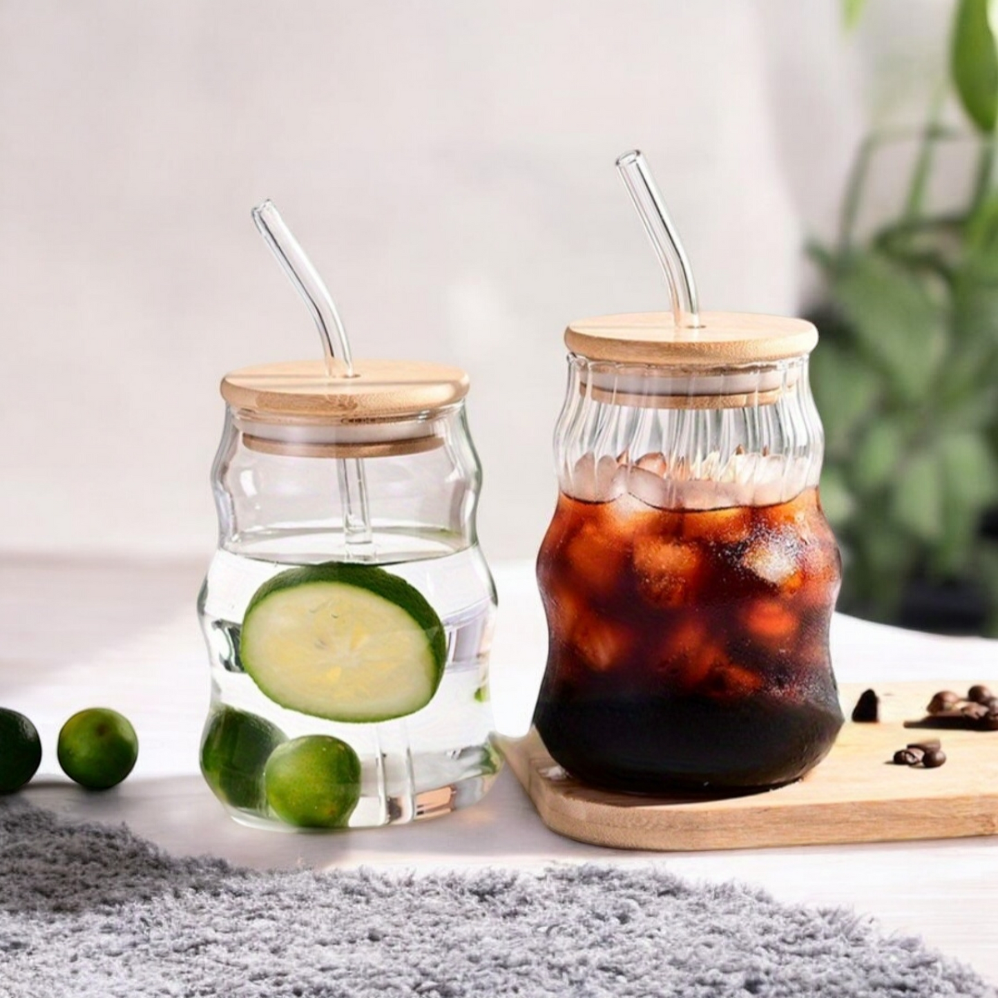 Ripple Glass Cup with Bamboo Lid and Glass Straw
