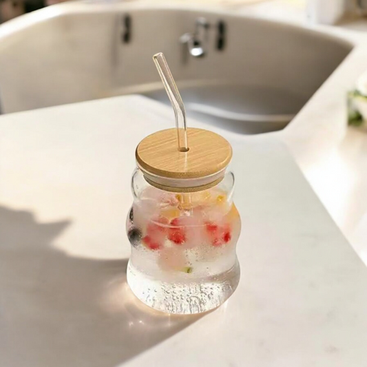 Ripple Glass Cup with Bamboo Lid and Glass Straw