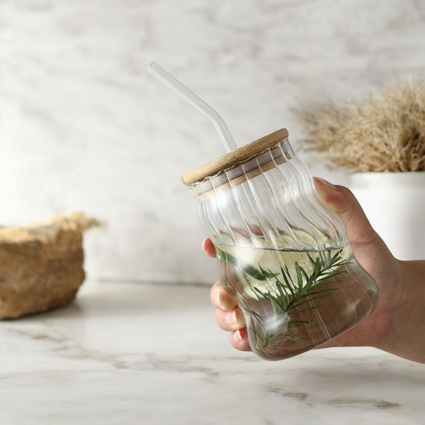 Ribbed Ripple Twist Glass Cup with Wooden Lid and Glass Straw