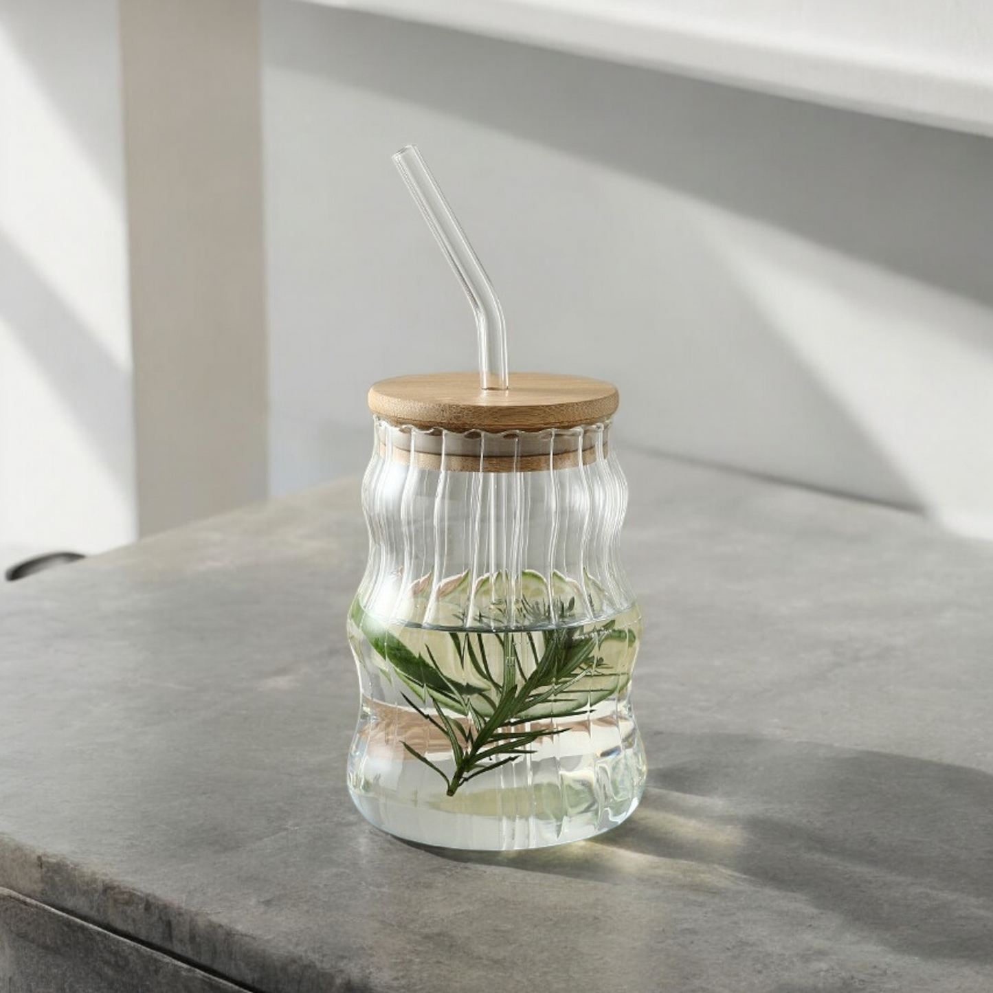 Ribbed Ripple Twist Glass Cup with Wooden Lid and Glass Straw