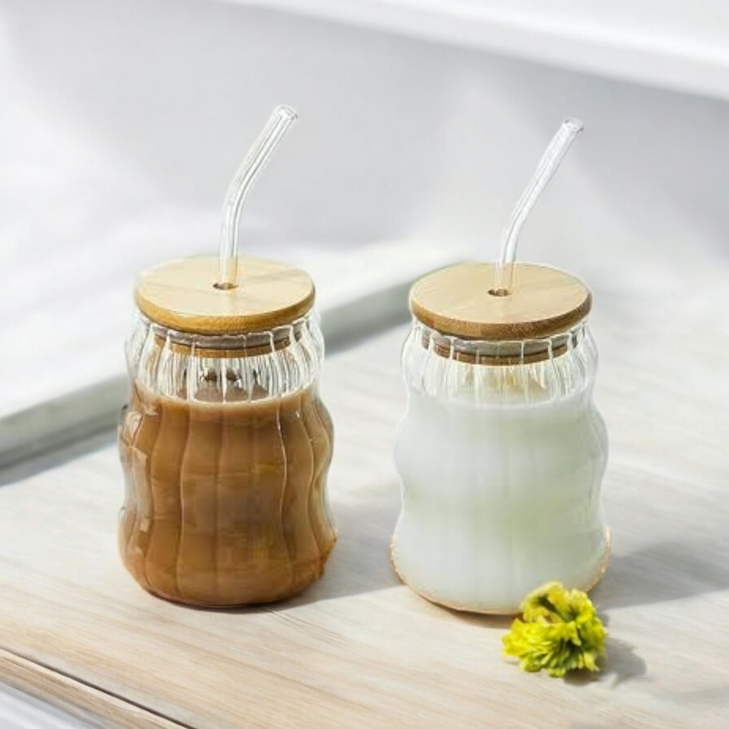 Ribbed Ripple Twist Glass Cup with Wooden Lid and Glass Straw