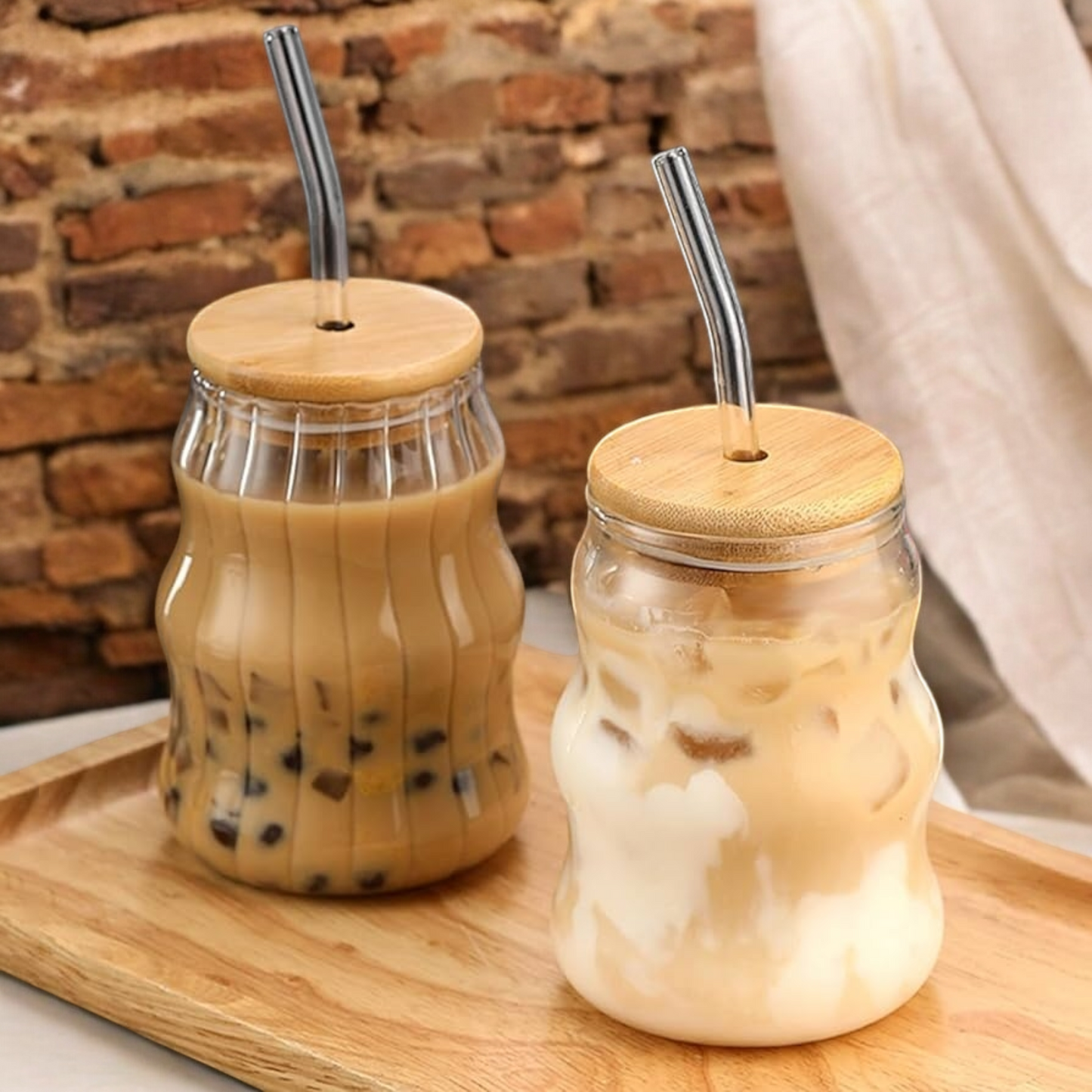 Ribbed Ripple Twist Glass Cup with Wooden Lid and Glass Straw