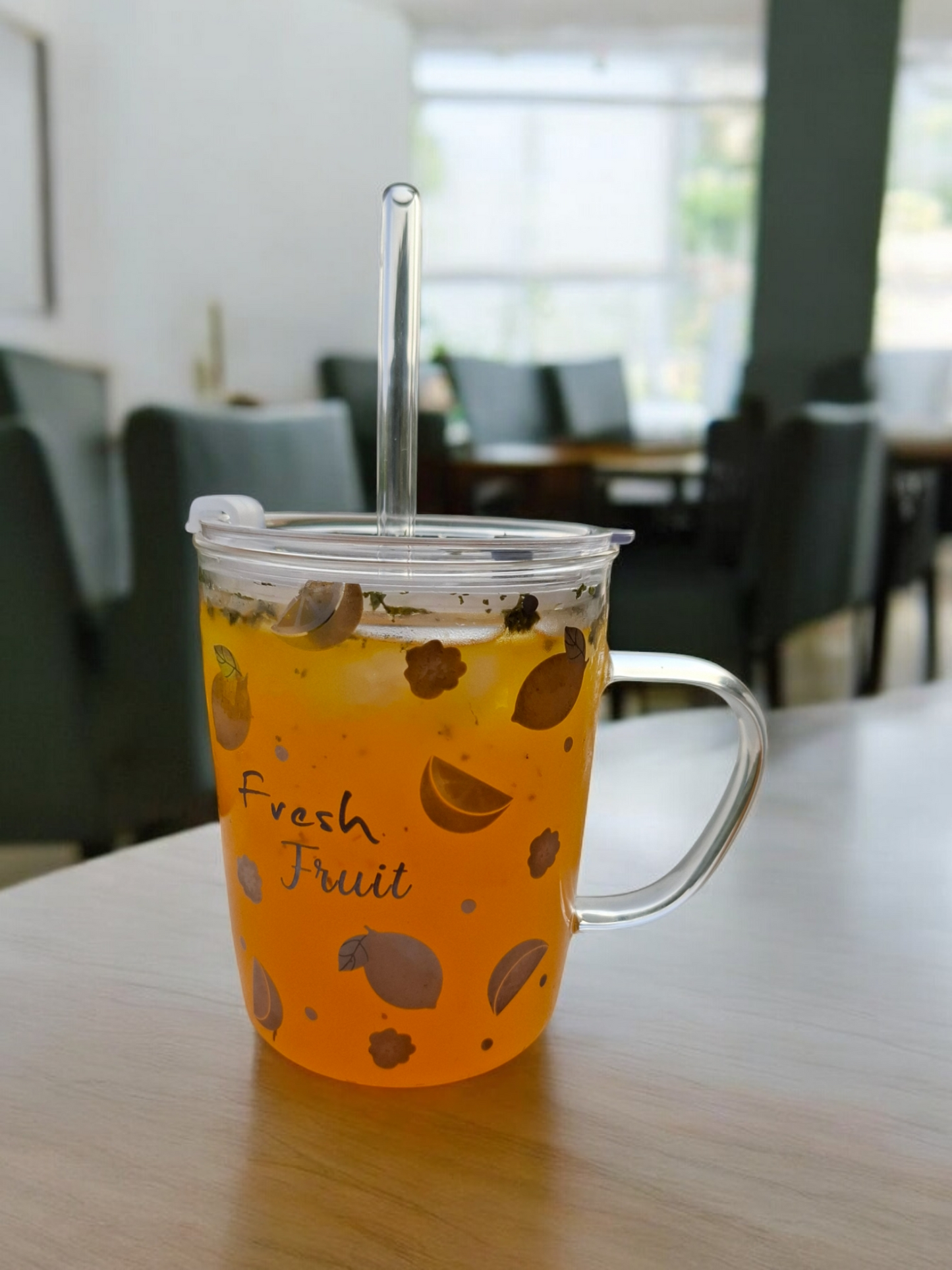 Lime Glass Cup with Lid and Glass Straw and Printed Lemons