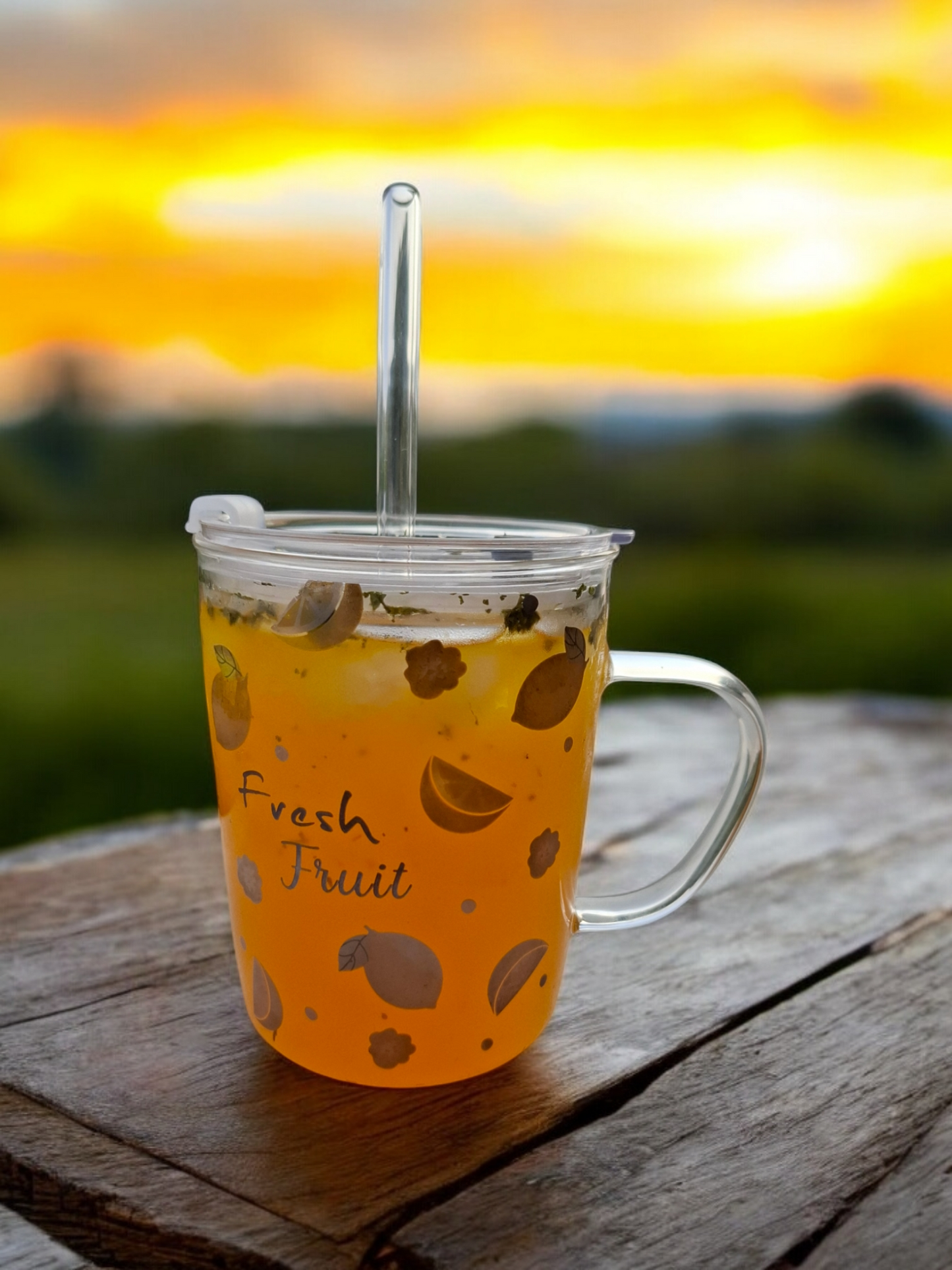 Lime Glass Cup with Lid and Glass Straw and Printed Lemons