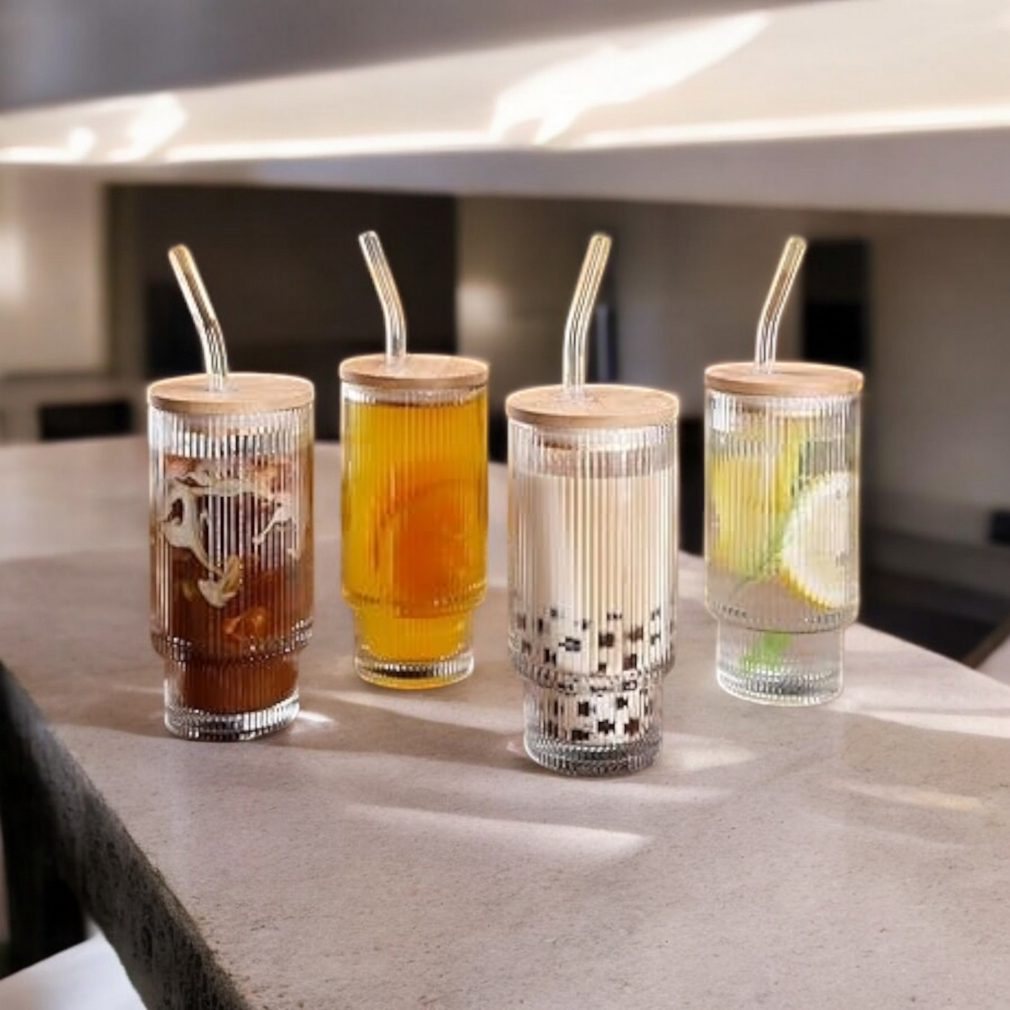 Vintage Ribbed Glass Cup Set (500 ml each glass) - Pack of 4