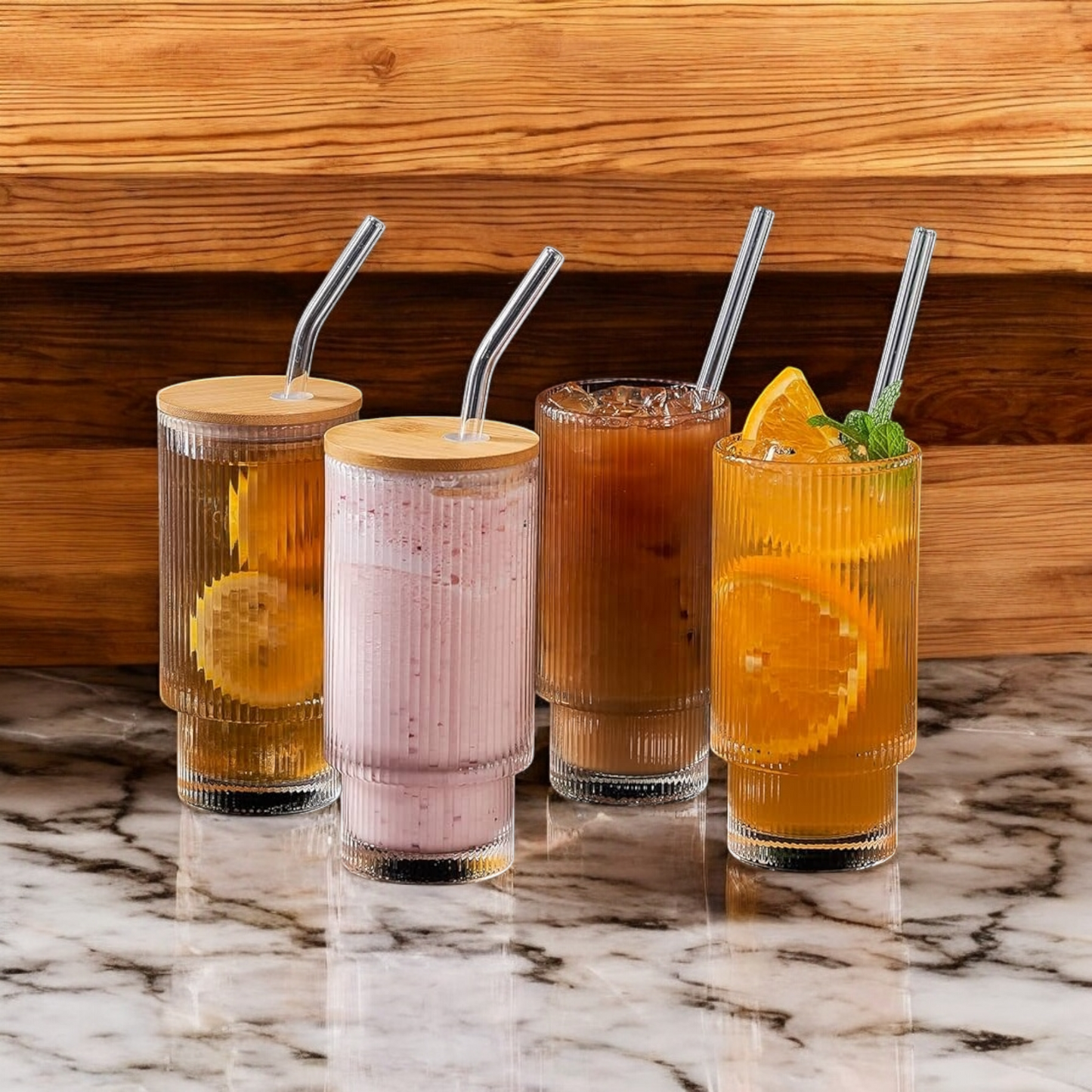 Vintage Ribbed Glass Cup Set (400 ml each glass) - Pack of 4
