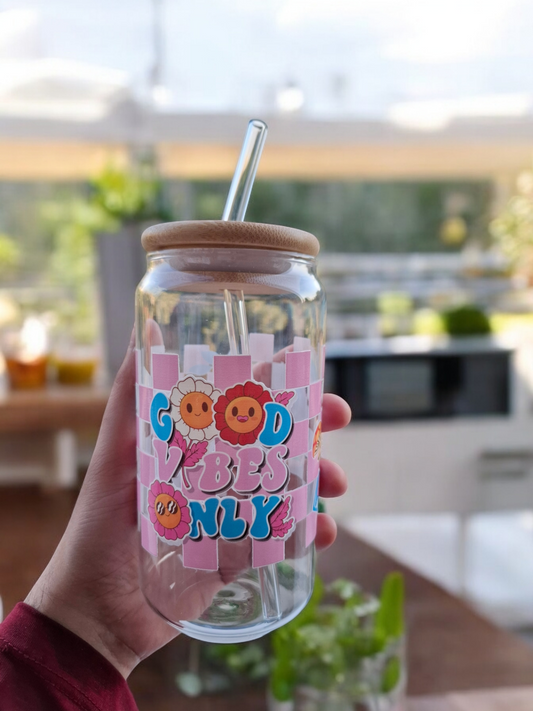 Good Vibes Only Glass Cup with Glass Straw and Lid