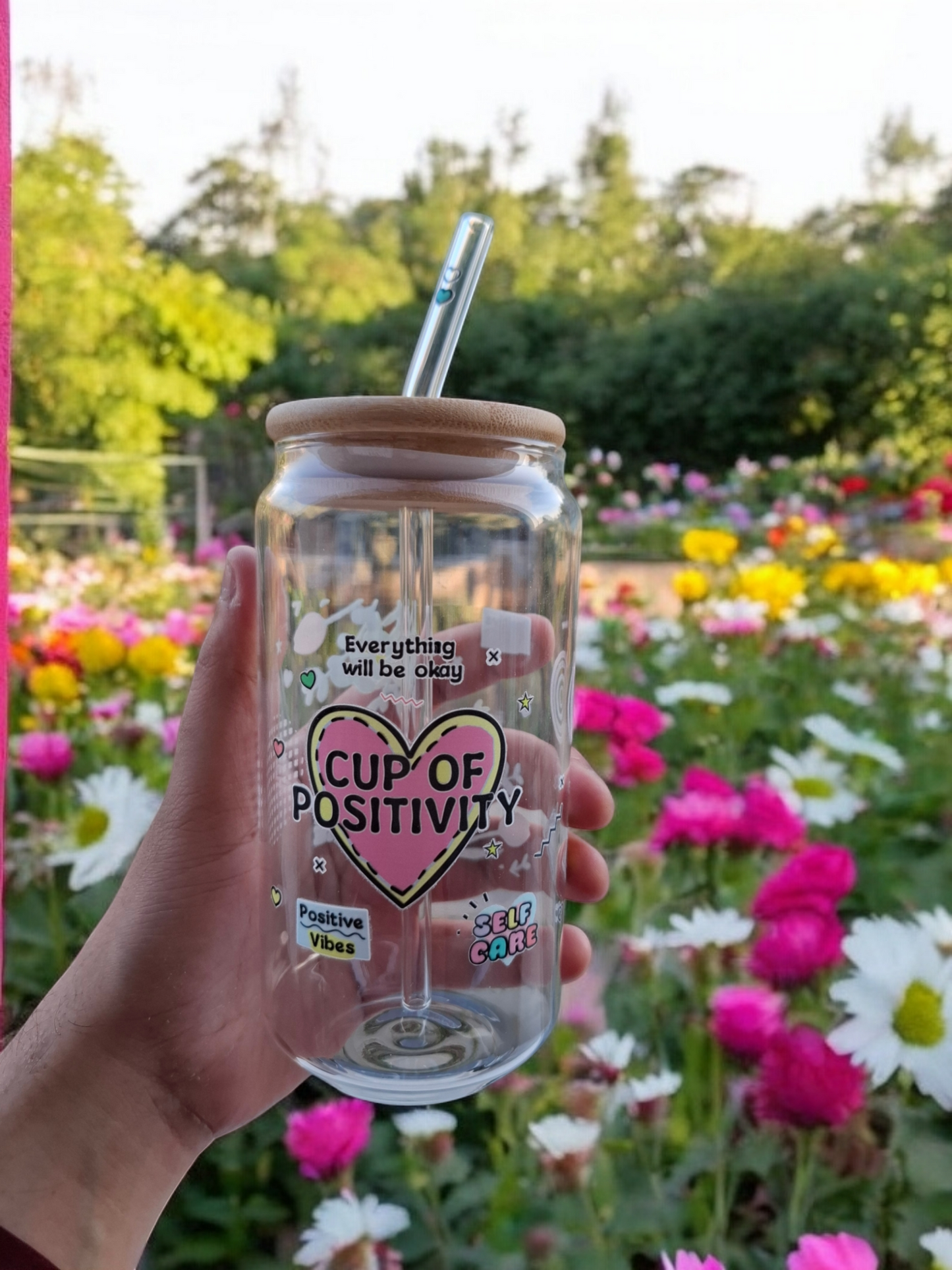 Cup of positivity Glass Cup with Glass Straw and Lid