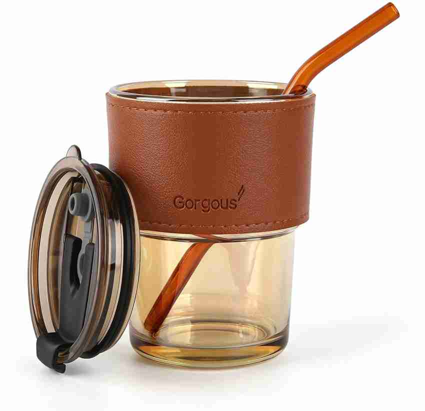 Aurora Glass Cup W/ Removable Leather Sleeve & Glass Straw - Brown
