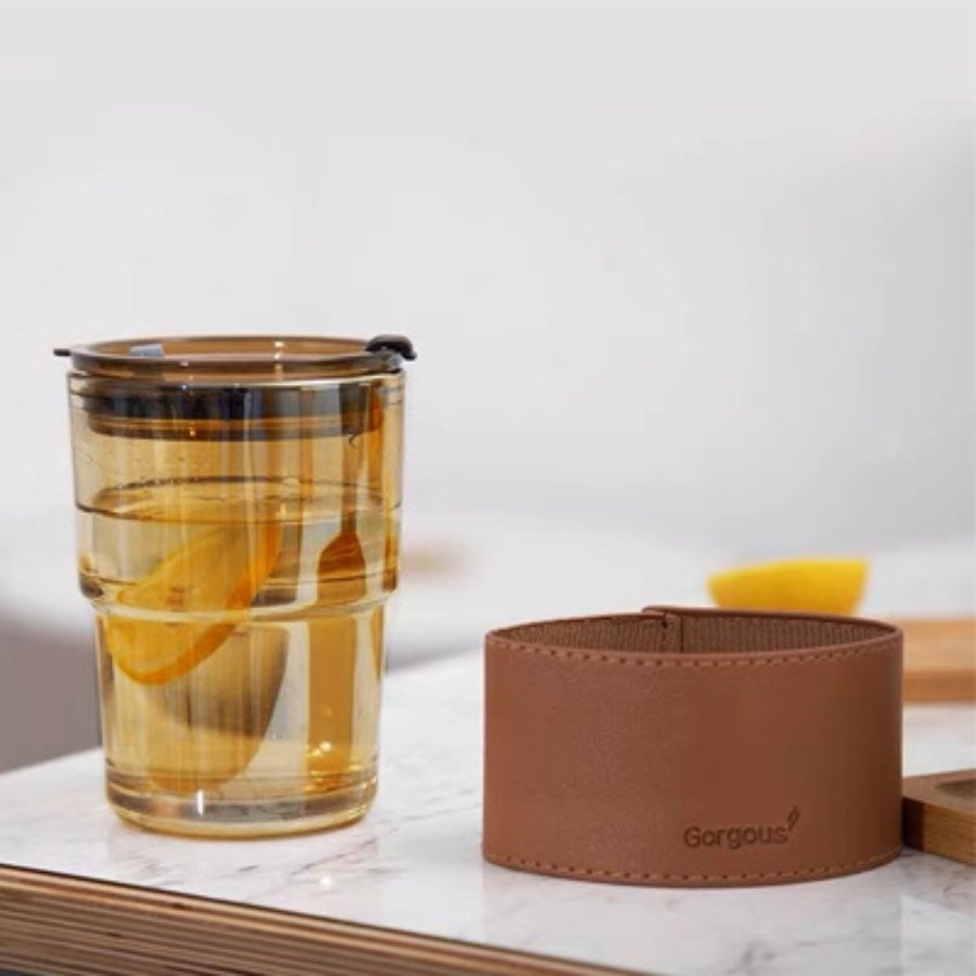Aurora Glass Cup W/ Removable Leather Sleeve & Glass Straw - Brown