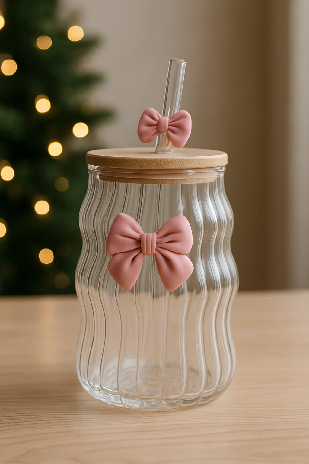 Bellabow Ribbed Glass Cup with Cute Bow on Glass and Straw