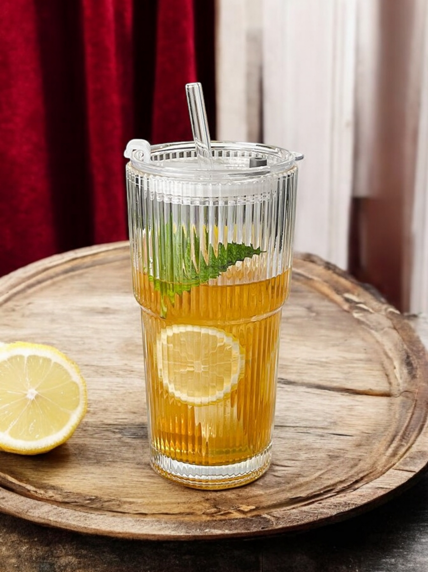 Aqua Glaze Glass Tumbler - With Glass Straw and Glass Lid