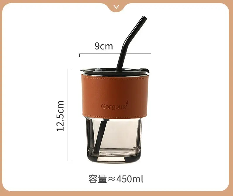 Aurora Glass Cup W/ Removable Leather Sleeve and Glass Straw - Grey & Brown