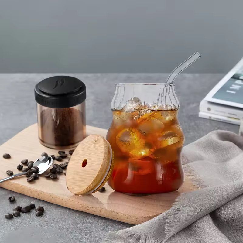 Ripple Coffee and Juice Glass Cup with Bamboo Lid and Glass Straw