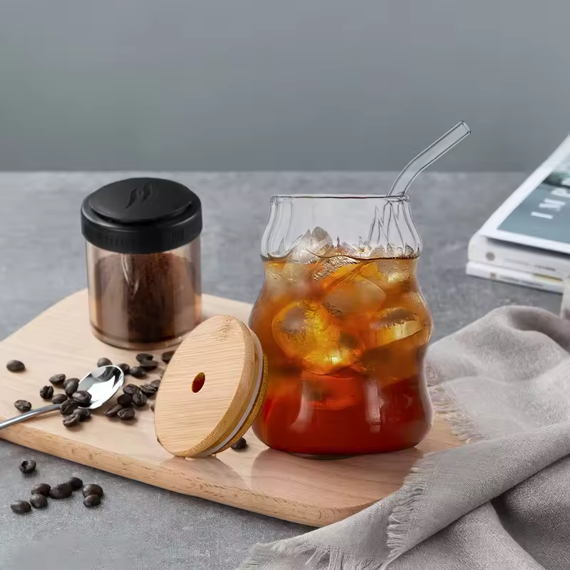 Ripple Glass Cup with Bamboo Lid and Glass Straw