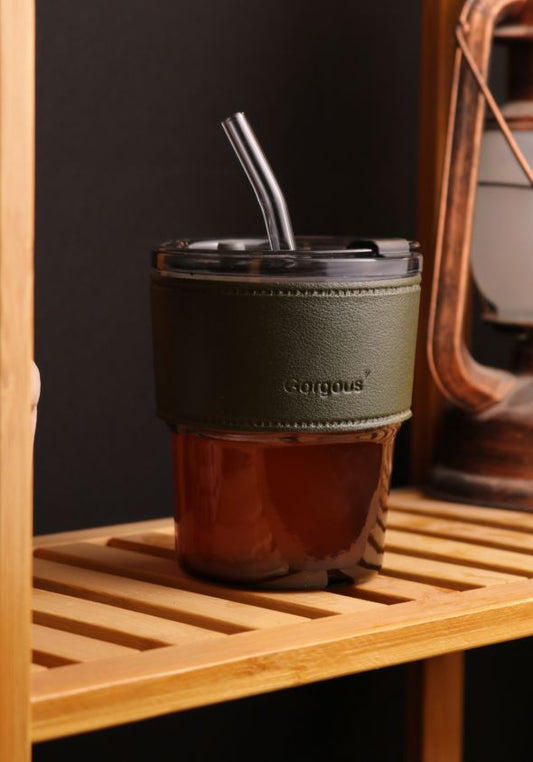 Aurora Glass Cup W/ Removable Leather Sleeve & Glass Straw - Black