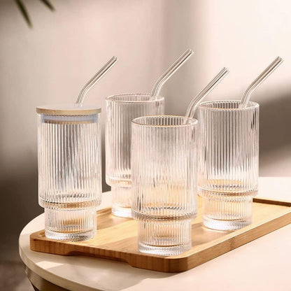 Vintage Ice Tea & Coffee Ribbed Glass Cup with Glass Straw and Bamboo Lid