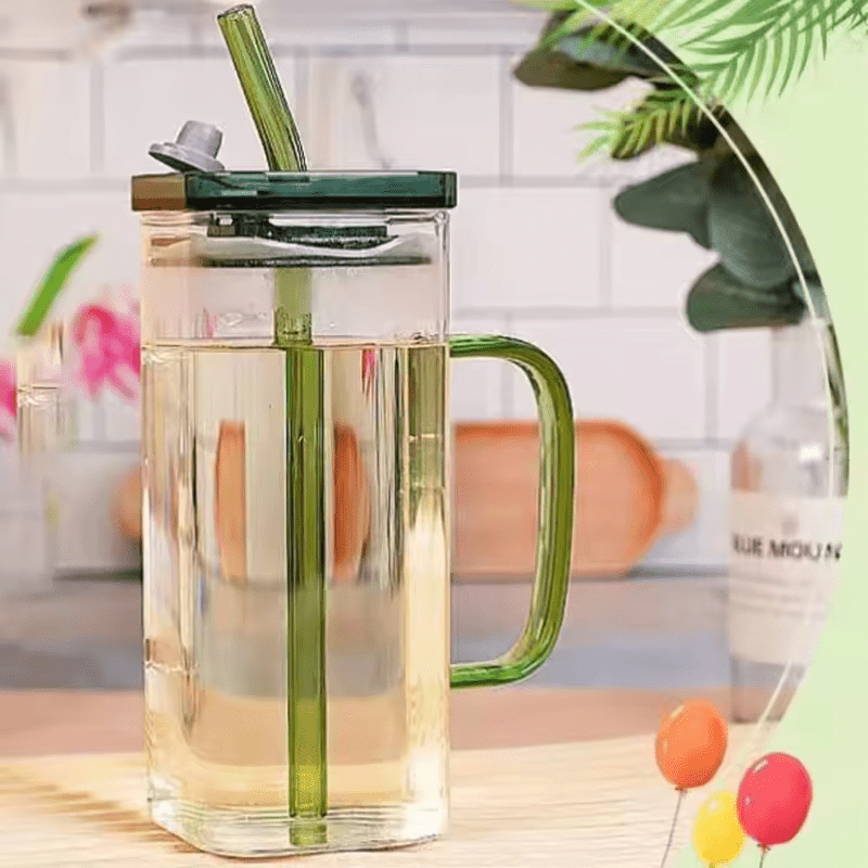 Square Glass Cup with Lid and Glass Straw - Green