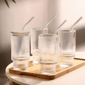 Vintage Ribbed Glass with Glass Straw and Bamboo Lid