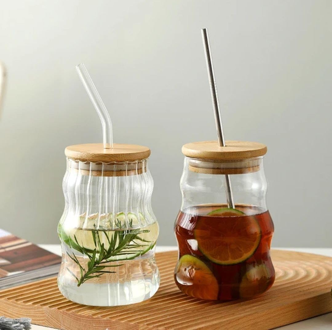 Ribbed Ripple Twist Glass Cup with Wooden Lid and Clear Glass Straw