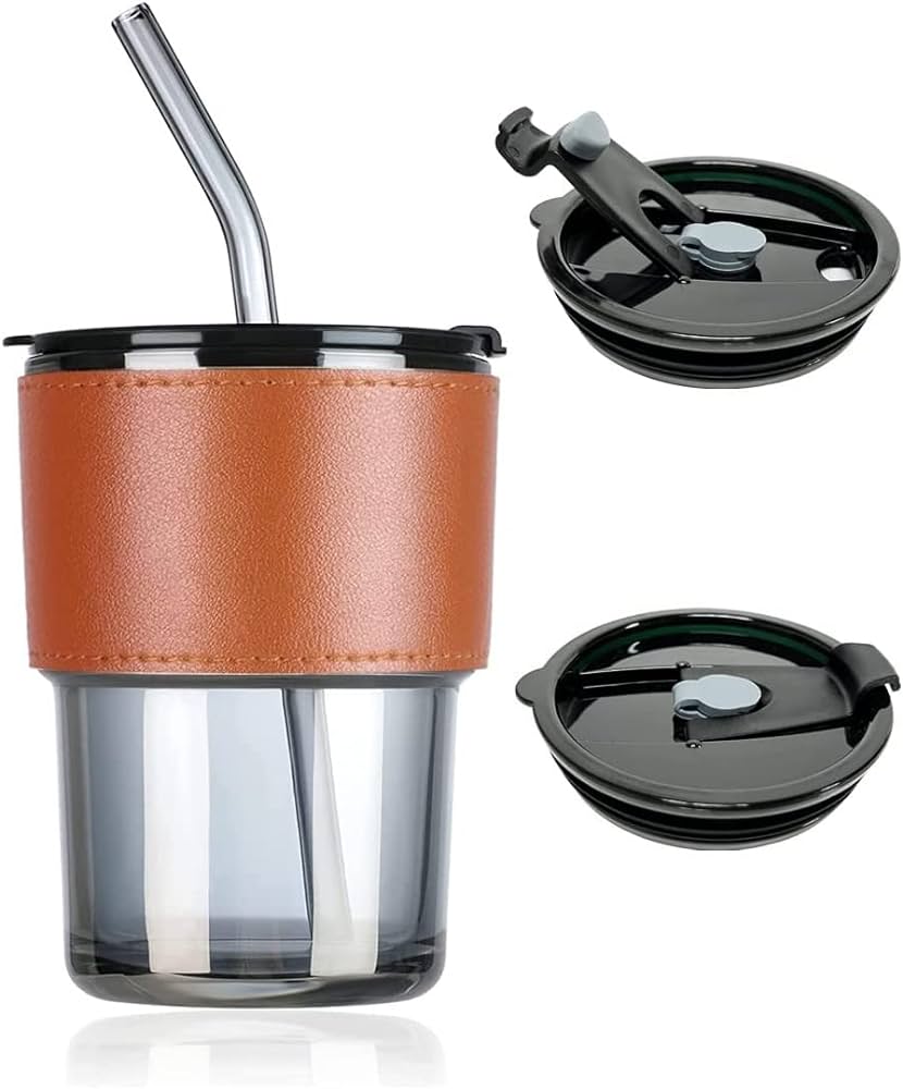 Aurora Glass Cup W/ Removable Leather Sleeve and Glass Straw - Grey & Brown