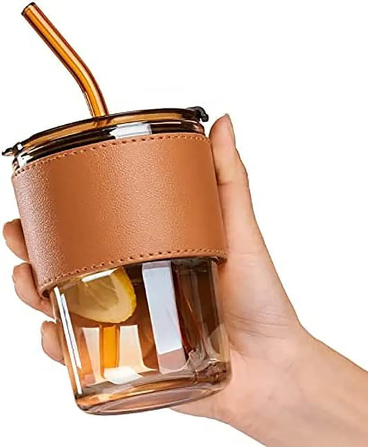 Aurora Glass Cup W/ Removable Leather Sleeve & Glass Straw - Brown