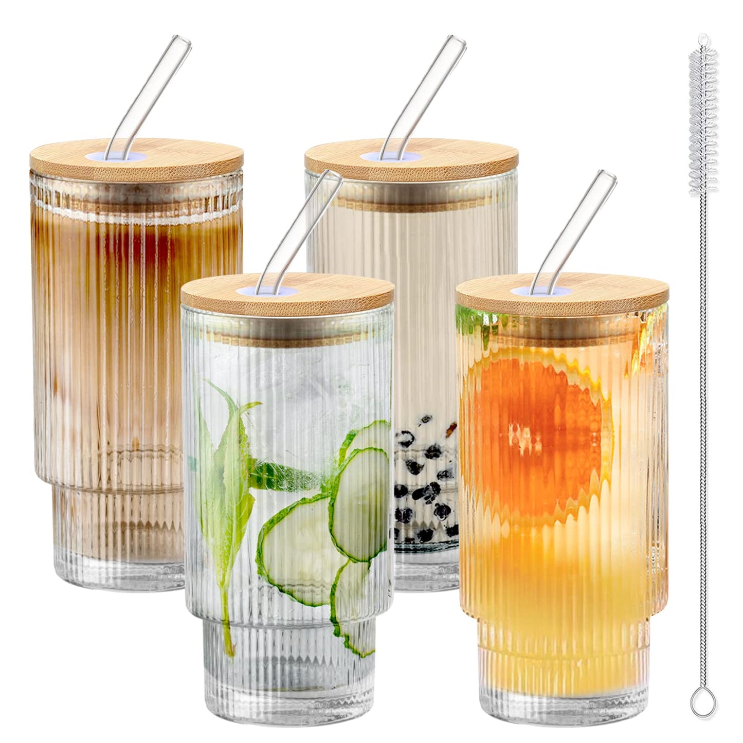 Vintage Ribbed Glass Cup Set (400 ml each glass)  - Pack of 4 with Giftable Box Packaging and Cleaning Brush