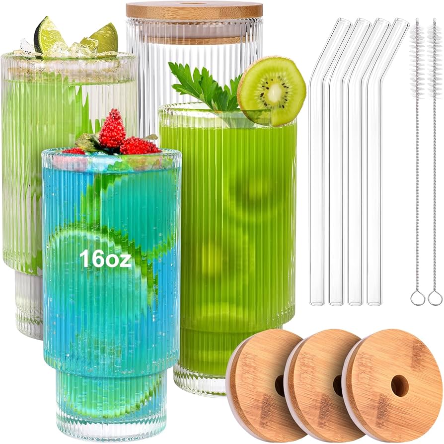 Vintage Ribbed Glass Cup Set (500 ml each glass)  - Pack of 4 with Giftable Box Packaging and Cleaning Brush