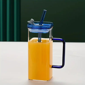 Square Glass Cup with Lid and Glass Straw - Blue