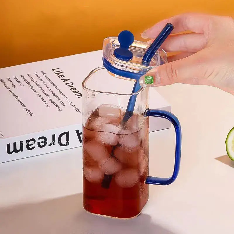 Square Glass Cup with Lid and Glass Straw - Blue