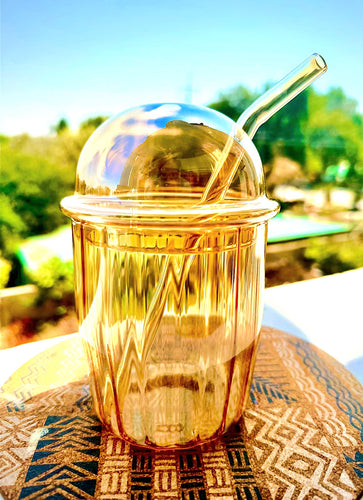 BOBA Glass Cup with Removable Glass Lid and Glass Straw - Golden