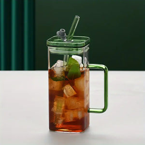 Square Glass Cup with Lid and Glass Straw - Green