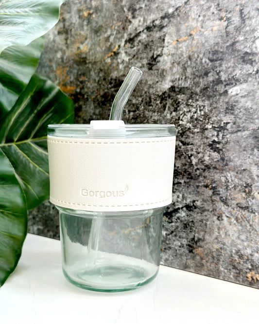 Aurora Glass Cup - Gorgeous clear  with White Removable Leather Sleeve and Glass Straw