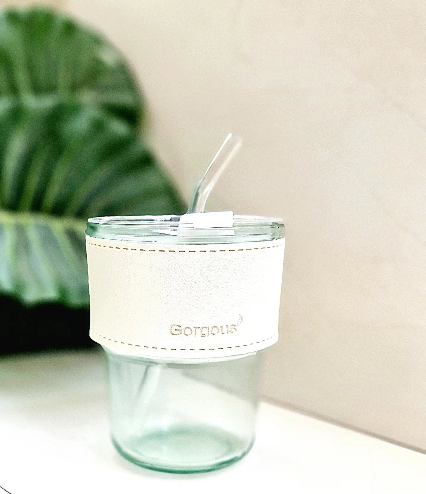 Aurora Glass Cup - Gorgeous clear  with White Removable Leather Sleeve and Glass Straw