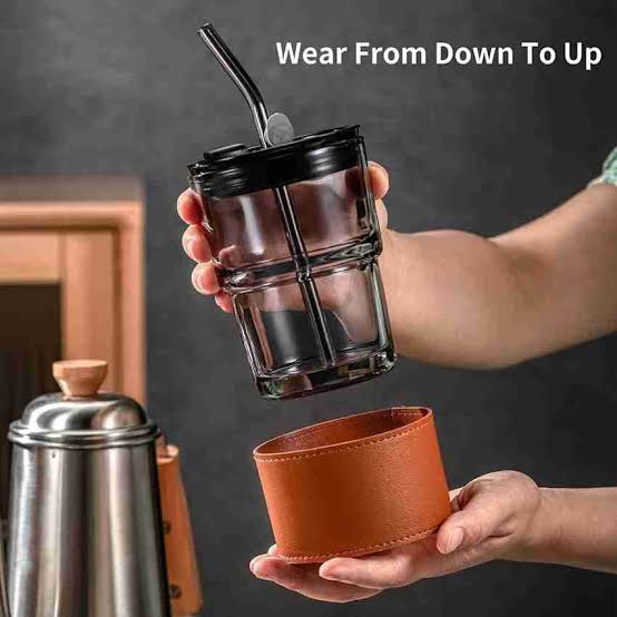 Aurora Glass Cup W/ Removable Leather Sleeve and Glass Straw - Grey & Brown