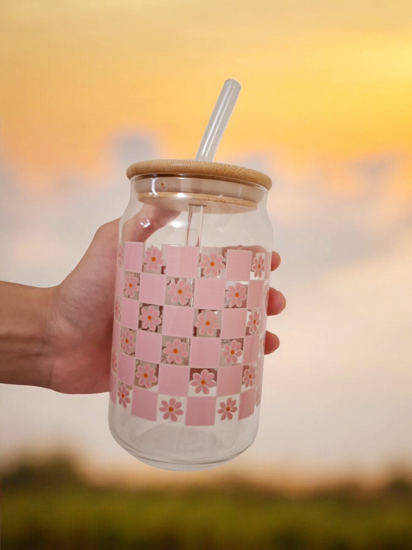 Pink Daisy Printed Sphere of Bliss with Glass Straw and Bamboo Lid