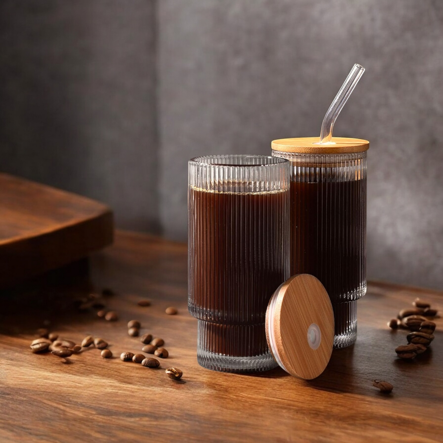 Vintage Ice Tea & Coffee Ribbed Glass Cup with Glass Straw and Bamboo Lid