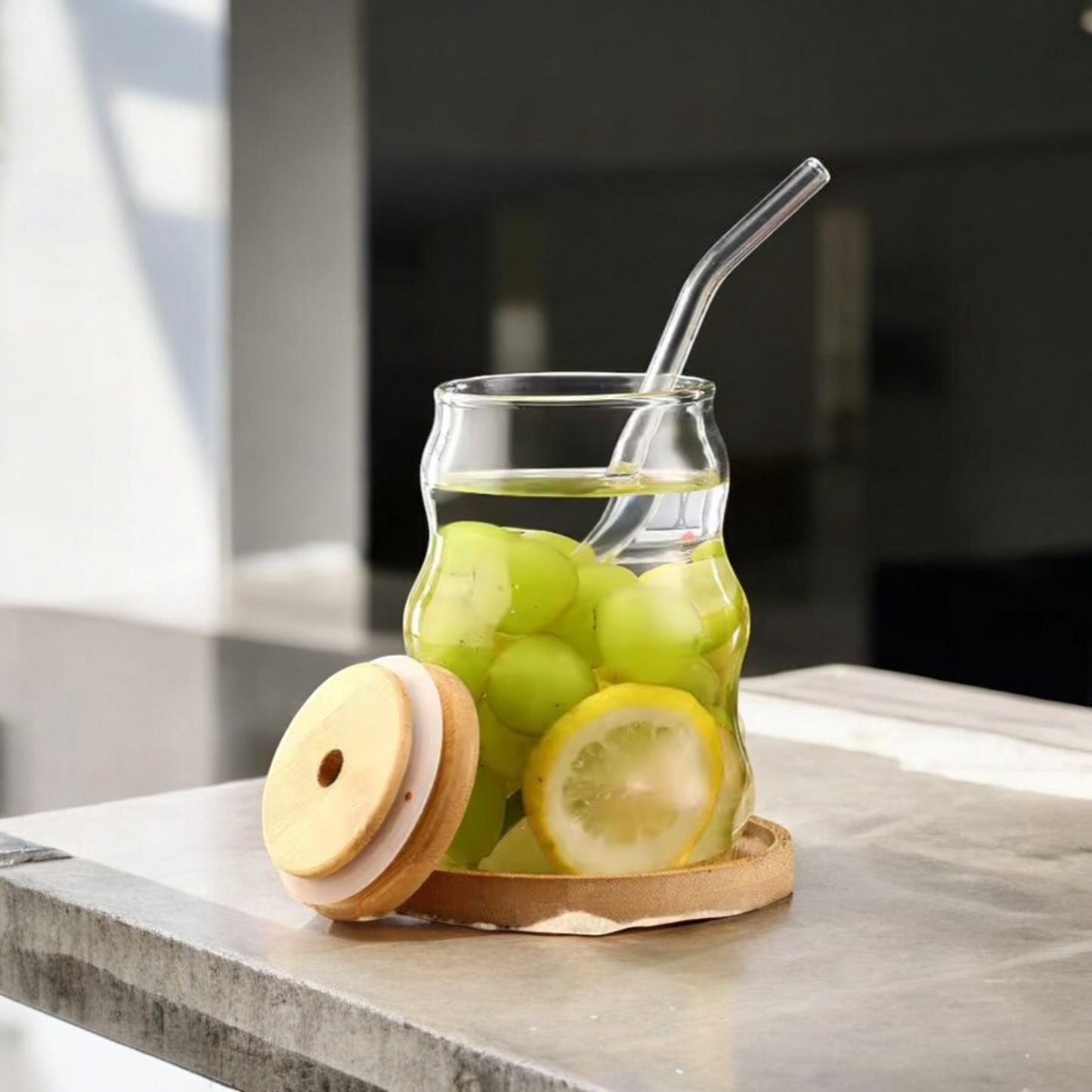 Ripple Coffee and Juice Glass Cup with Bamboo Lid and Glass Straw