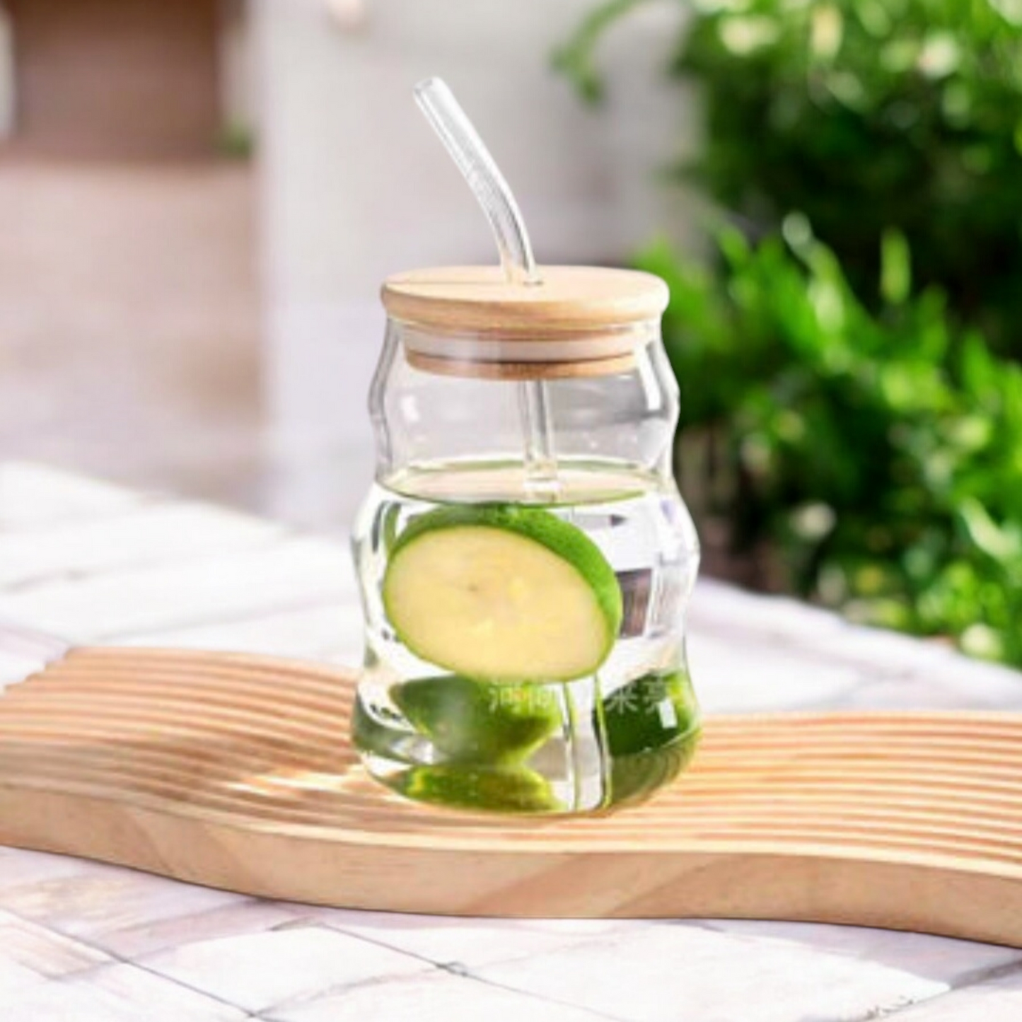 Ripple Coffee and Juice Glass Cup with Bamboo Lid and Glass Straw