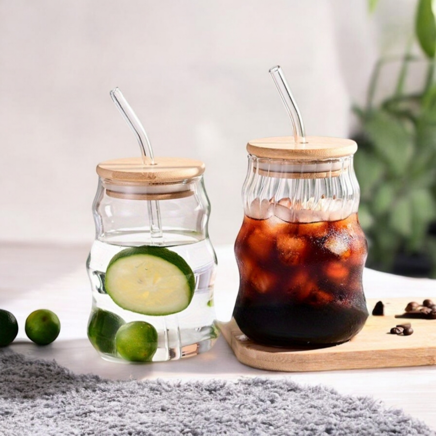 Ripple Coffee and Juice Glass Cup with Bamboo Lid and Glass Straw