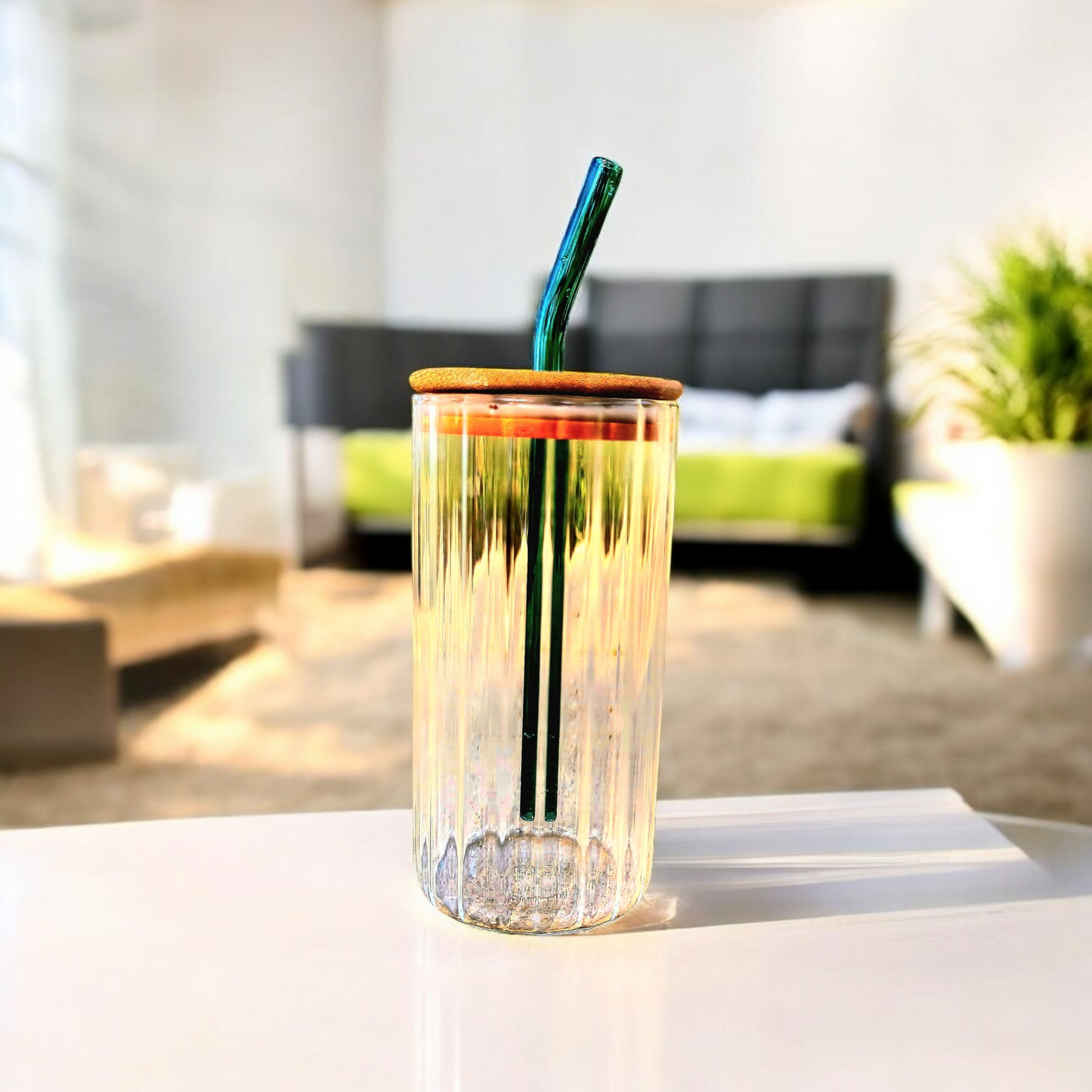 ROUND GLASS CUP TUMBLER WITH BAMBOO LID AND GLASS STRAW