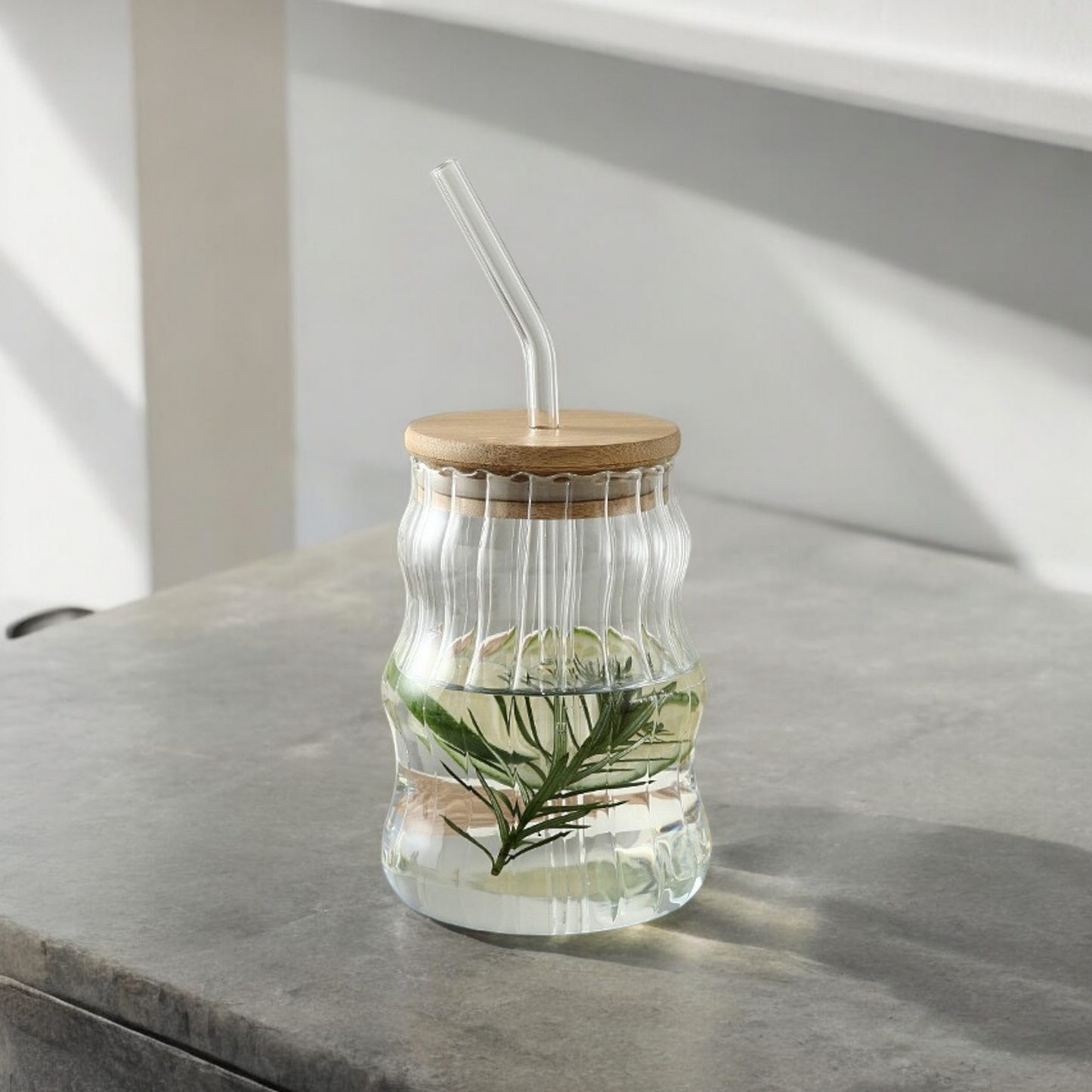 Ribbed Ripple Twist Glass Cup with Wooden Lid and Clear Glass Straw